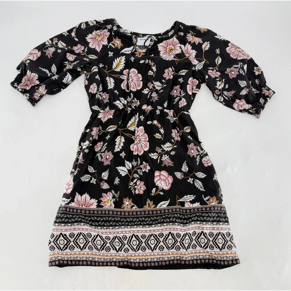 Old Navy Girls Floral‎ Print Dress Black Pink Bohemian Size L (10-12)
